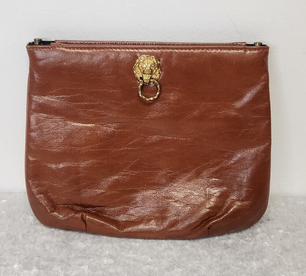 Vintage RUTH SALTZ  Women Brown Leather w Lion Head Detail Clutch